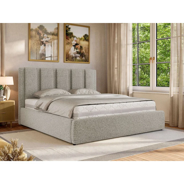 Polsterbett SAVINO CLASSIC mit Bettkasten und Lattenrost Doppelbett 140 x 200 cm mit hohem Kopfteil Stauraumbett Bett mit Gasdruckfeder - Hellgrau Stukture – Bild 1