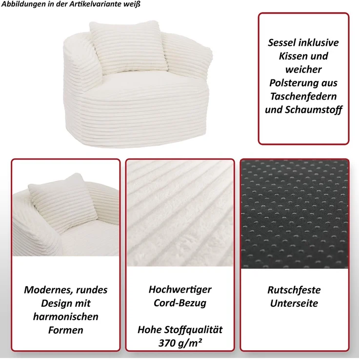 Sessel HWC-P18, Loungesessel Relaxsessel Polstersessel Cocktailsessel, Stoff/Textil Cord (370g/m²) ~ hellgrau – Bild 2