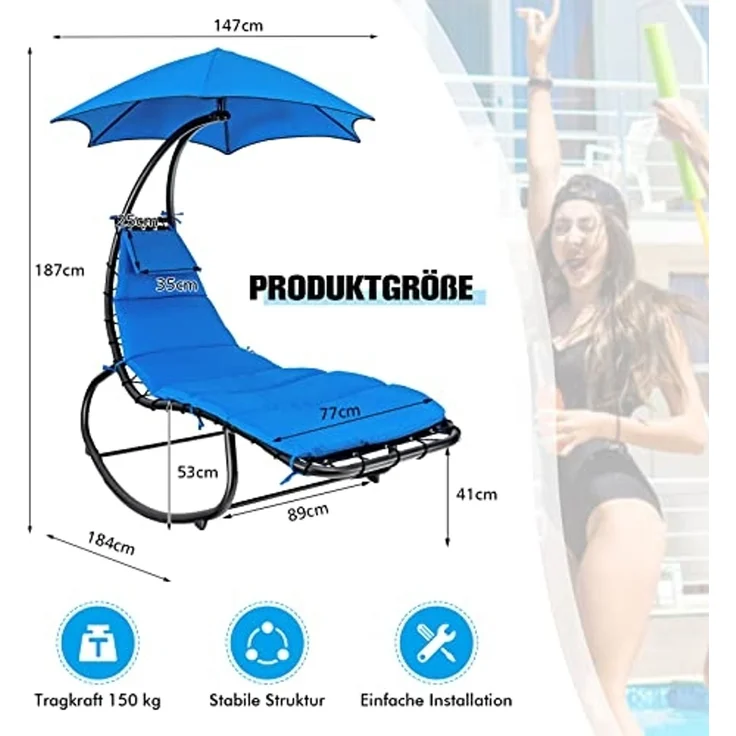 COSTWAY Hängeliege Schwebeliege mit Sonnenschirm und Auflage, Sonnenliege Relaxliege bis 150kg belastbar, Schaukelliege für Balkon, Pool, Garten (Grün) – Bild 3