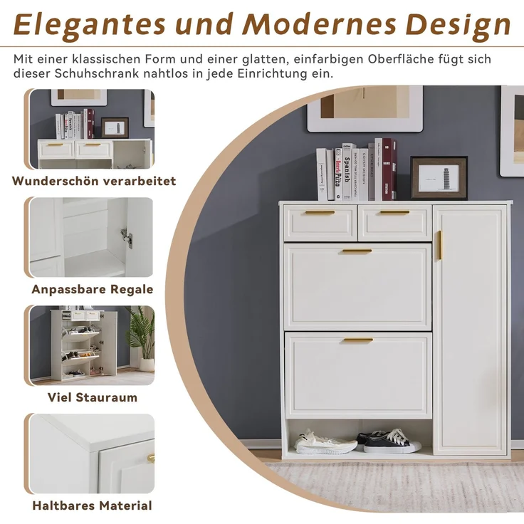Merax Moderne Schuhschrank, mit verstellbaren Regalen, goldenen Griffen, Schubladen, Klappschuhschrank und Türen, weiß, B95/D24/H107.5 – Bild 5