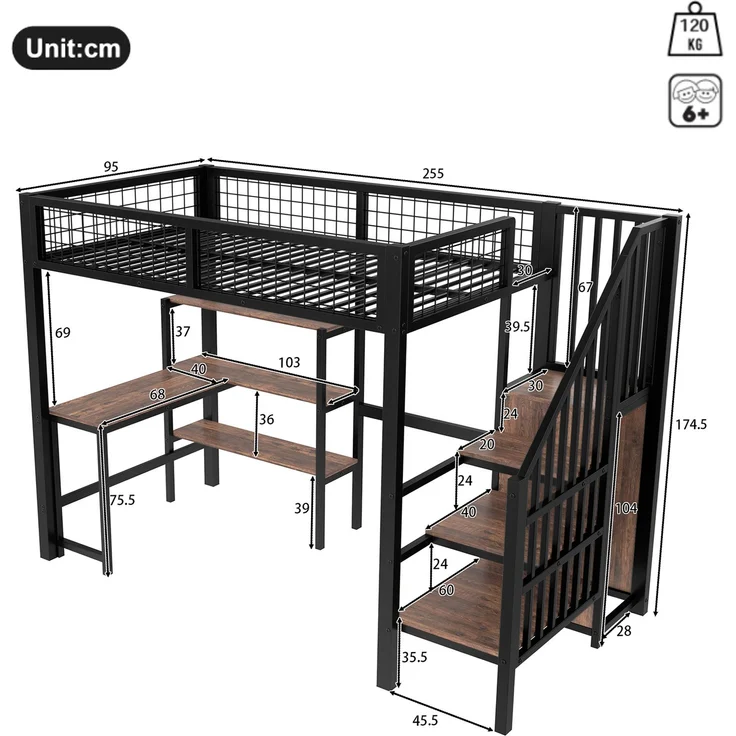 Hochbett Liegefläche 90x200 cm aus Metall und MDF mit Schreibtisch, Regalen und Kleiderschrank in Schwarz-Braun, ohne Matratze – Bild 5