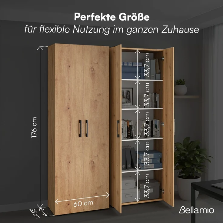 Bellamio 'Apol' Mehrzweckschrank, Eichenoptik, 176x33x60 cm, Aktenschrank mit 5 höhenverstellbaren Ablagefächern – Bild 6