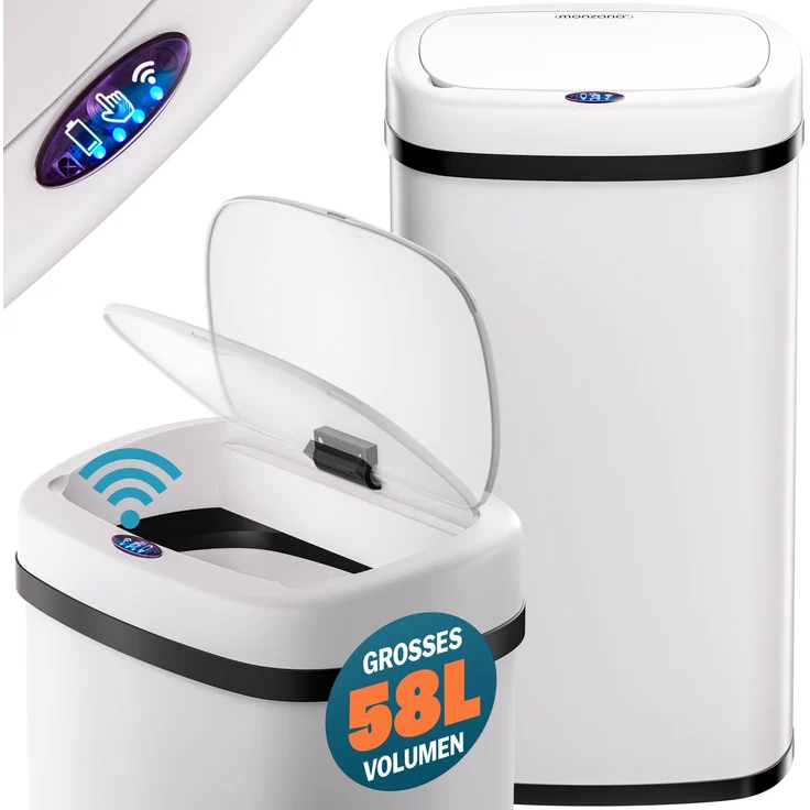 monzana Mülleimer mit Sensor-Automatik und LED Display, berührungslos, Edesltahl, 58 Liter, Weiß – Bild 1