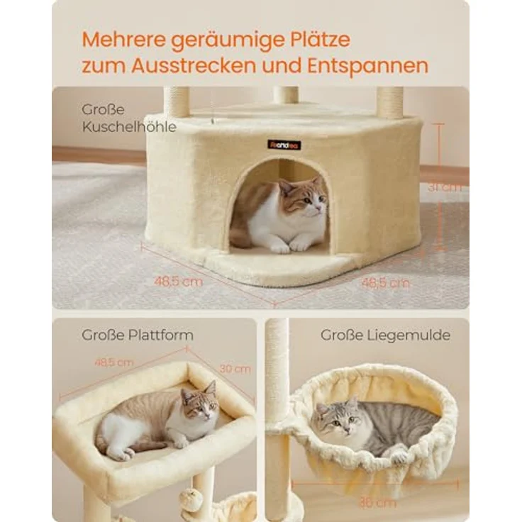 Feandrea Kratzbaum, Katzenbaum, 48,5 x 48,5 x 140,7 cm, Katzenkratzbaum mit großer Kuschelhöhle, großen Plattformen, Plüschbällen, Liegemulde, sandbeige – Bild 4