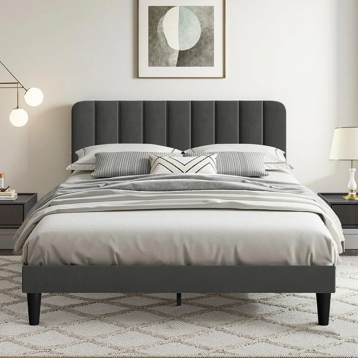 VECELO Polsterbett 140x200 cm Doppelbett mit Höhenverstellbarem Kopfteil, Stabiler Bettrahmen mit Lattenrost, Gepolstertes Bettgestell, Kein Boxspring erforderlich, Samt, Ohne Matratze, Grau