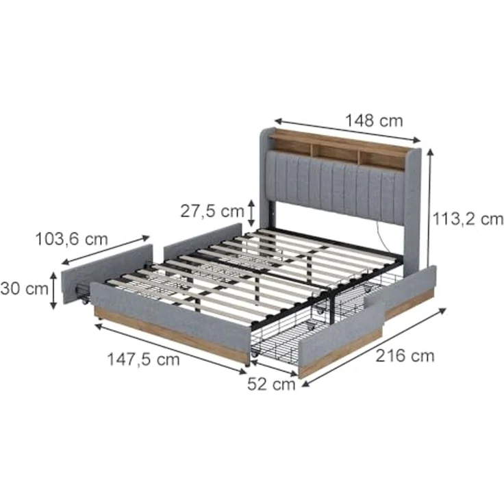 Polsterbett Nura Grau/Eiche 140x200 cm mit 4 Schubladen Vitalispa – Bild 3