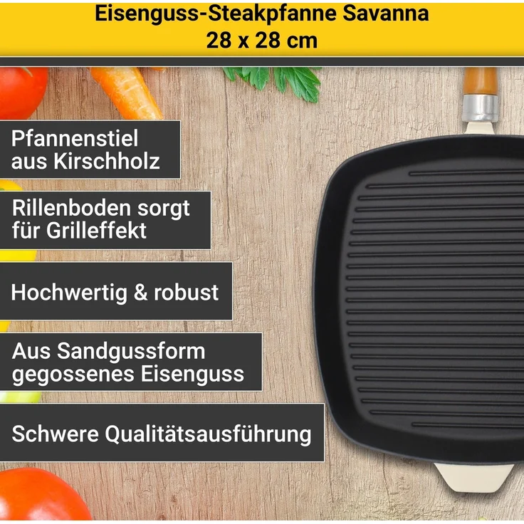 Krüger Steakpfanne Einsenguss Grill-/ Steakpfanne SAVANNA, 28 x 28cm, Gusseisen (1-tlg), für Induktions-Kochfelder geeignet – Bild 3