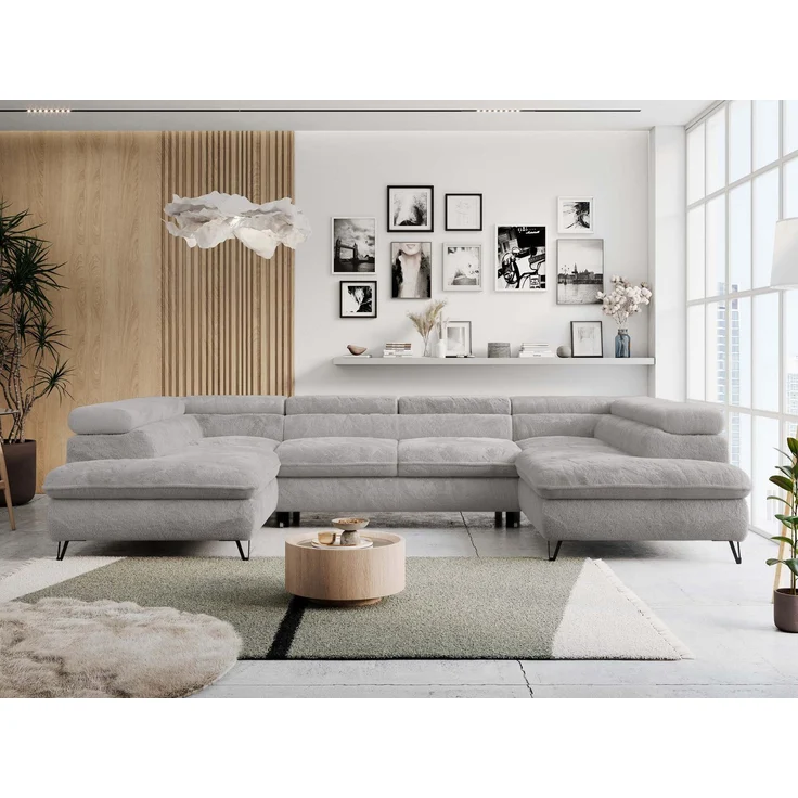 Ecksofa U-Form, mit Bettkasten, Bettfunktion und Einstellbare Kopfstützen, Sofa big XXL - PETER U - Hellgrau Plüsch – Bild 1