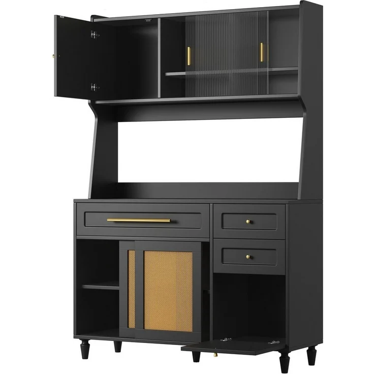 Flieks Küchenbuffet mit LED-Beleuchtung, Schubladen, Glas-&Rattan-Schiebetüren (1-St, B120/T45/H195,5 cm) Hochschrank Küchenschrank Geschirrschrank mit verstellbare Ablagen – Bild 3