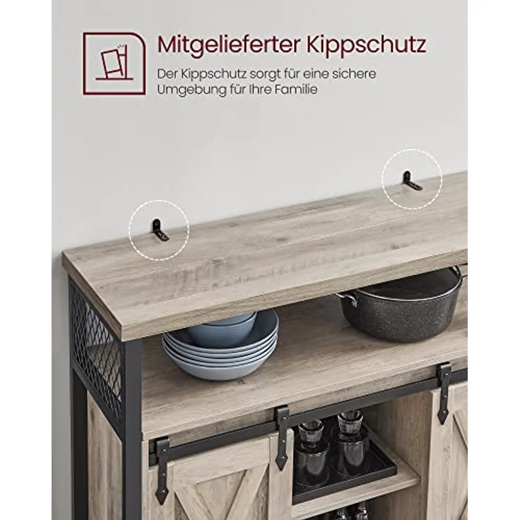 Vasagle Sideboard mit 2 Schiebetüren und verstellbaren Ablagen, Spanplatte, 33 x 100 x 80 cm, Greige / Schwarz – Bild 8