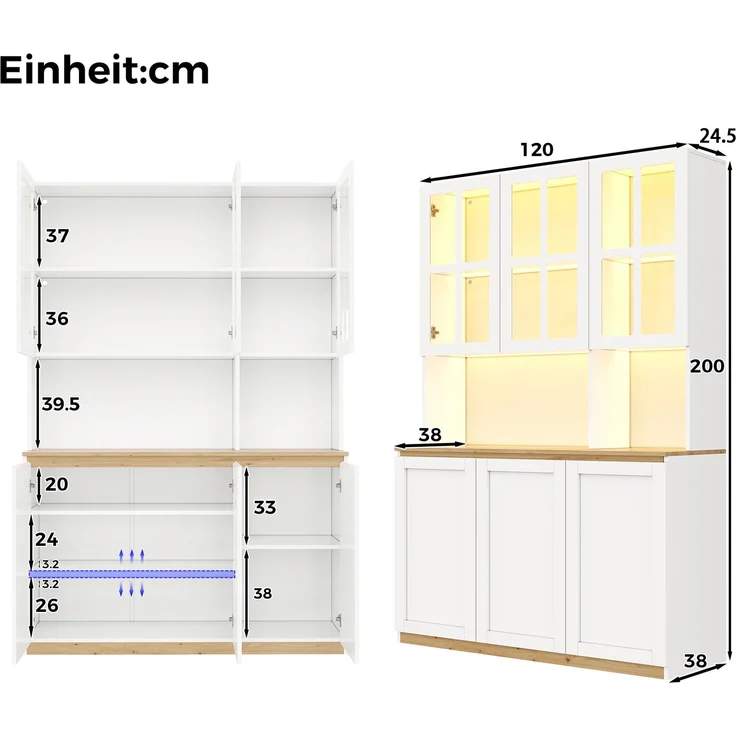 ZUBALIYA Vitrinenschrank 120x200cm, Buffetschrank mit LED-Beleuchtung, Küchenschrank mit Glasrahmentüren, Weiß mit Holzoptik, großer Wohnzimmerschrank als Barschrank, Geschirrschrank und Aufbewahrungsschrank – Bild 6