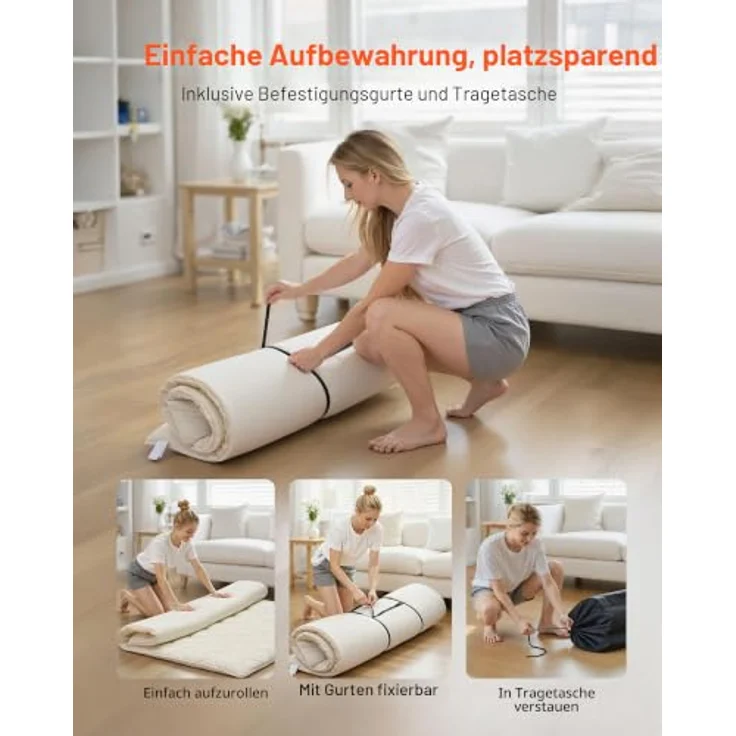 VEVOR japanische Futon-Matratze (2032 x 1524 x 63,5 mm), Faltbare Tatami (Queen Size), Bodenmatratze mit Aufbewahrungstasche & Befestigungsmaterial, 9-lagige Schlafmatte für Meditation Yoga, Weiß – Bild 6