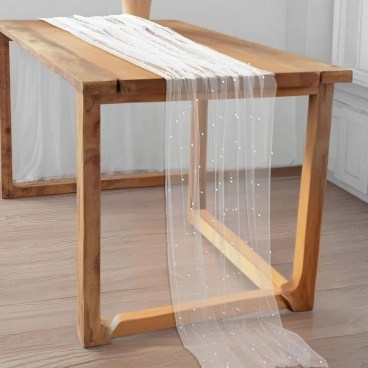 FOUORTUNATE-BEE Tischläufer Tischläufer aus Tüll mit Perlen 75 x 300 cm, Perlentüll Tischdecke (Tüllstoff Netz Tischband Tischdekoration für Hochzeit, Brautparty, Geburtstagsfeier und Hochzeitsbogen) – Bild 4