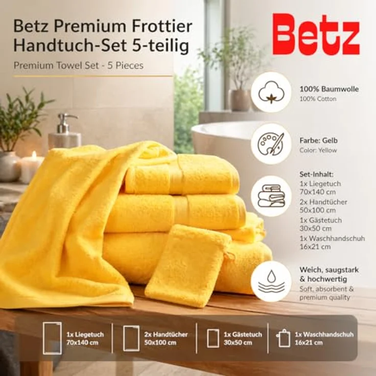 Betz Handtuch Set 5-TLG. Premium 1 Duschtuch 2 Handtücher 1 Gästetuch 1 Waschhandschuh, 100% Baumwolle – Bild 3