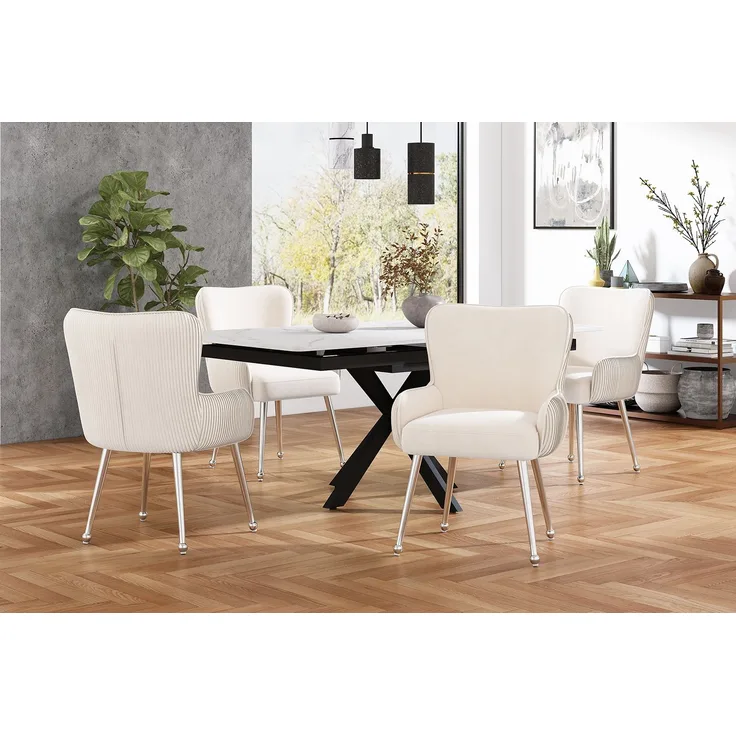 4er-Set Samt-Esszimmerstühle mit Armlehnen, beige/silber, 53x57x83 cm