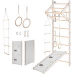 MAMOI® Sprossenwand | Indoor Klettergerüst | Sprossenwand Kinderzimmer | Turnwand aus Yarnwood (210 cm) mit Klimmzugstange, Turnringen, Strickleiter und Rutschbrett | CE | 100% ECO | Made in EU