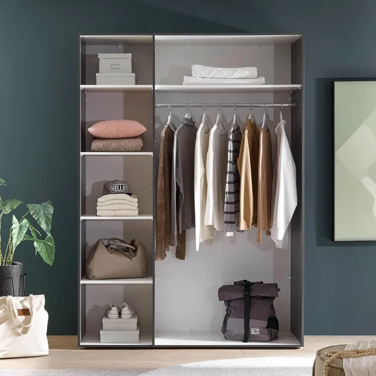 Stella Trading ASKA Kleiderschrank in Graphit, Mauvella Eiche Optik - Vielseitiger Drehtürenschrank 3-türig für Ihr Schlafzimmer - 150 x 210 x 53 cm (B/H/T) – Bild 6