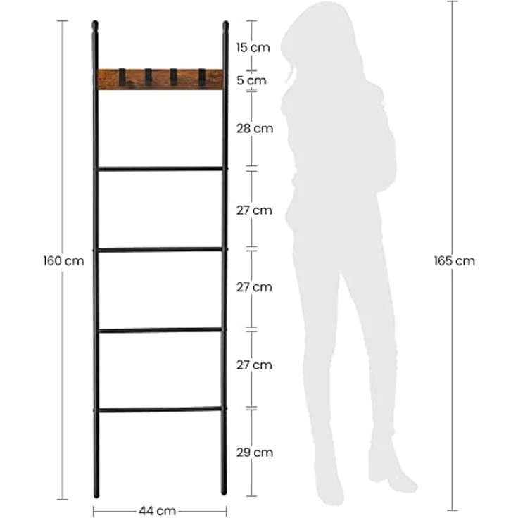 Vasagle Leiterregal schräg, Handtuchhalter, 5 Ebenen, 44x160 cm, platzsparend, Stahlrahmen, 4 Haken, für Decken, Handtücher – Bild 6