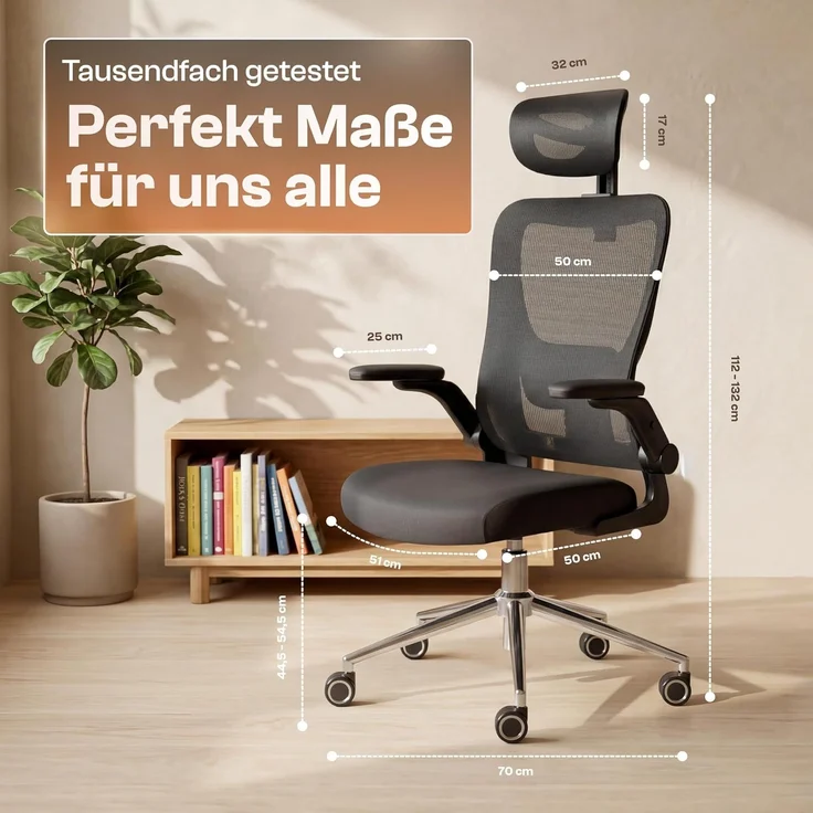 LUTIVO Bravo, ergonomischer Bürostuhl, Rückenlehne mit Mesh Bezug, 3D-Armlehnen, 3D-Kopfstütze, ViperWheels, Schwarz – Bild 2