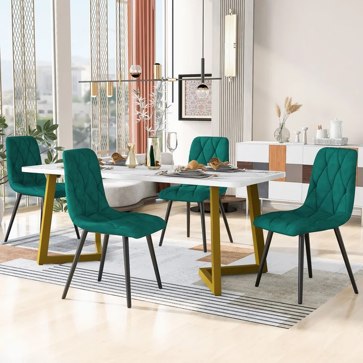 Essgruppe 5-teilig mit Marmoroptik Tisch 117×68 cm & 4 grün Leinenstühlen,Esszimmer-Set für Küche und Wohnzimmer – Bild 2