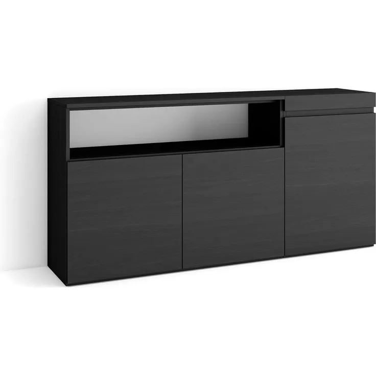 Skraut Home | Sideboard, Highboard | Kommode, Komodenschrank | 150 x 75 x 35 cm | 3 Türen | Wohnzimmer, Küche | Moderner Stil | Schwarz