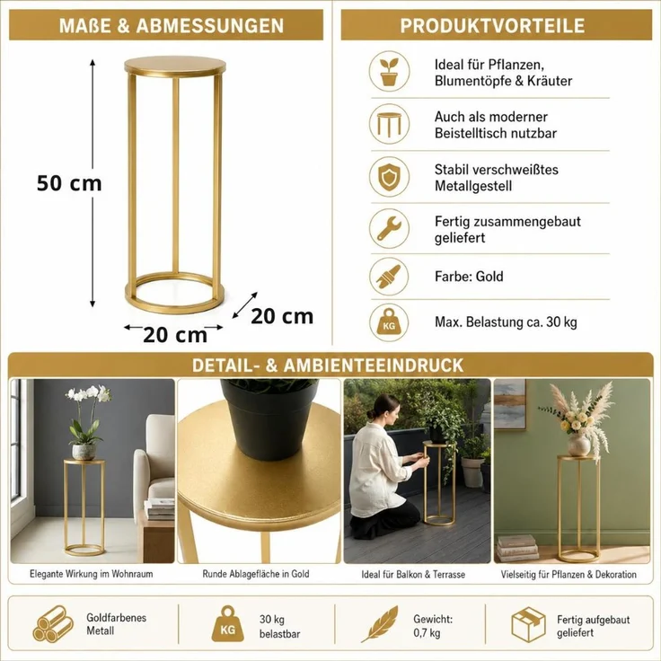 DanDiBo Blumenständer Metall Gold Rund 96510 S 50 cm Pflanzenständer Blumenhocker Beistelltisch Blumensäule Modern Pflanzenhocker – Bild 2