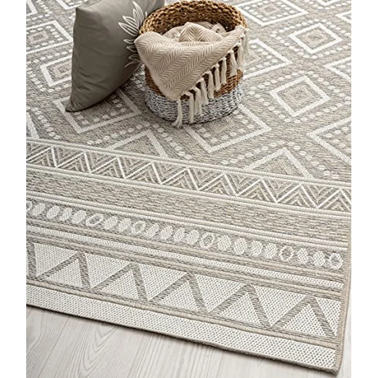 the carpet Calgary - robuster Teppich, Flachgewebe, modernes Design, ideal für Küche und Esszimmer, Vintage-Optik, Boho-Style, besonders flach, auch für den Außenbereich, Beige, 120x120 cm – Bild 5
