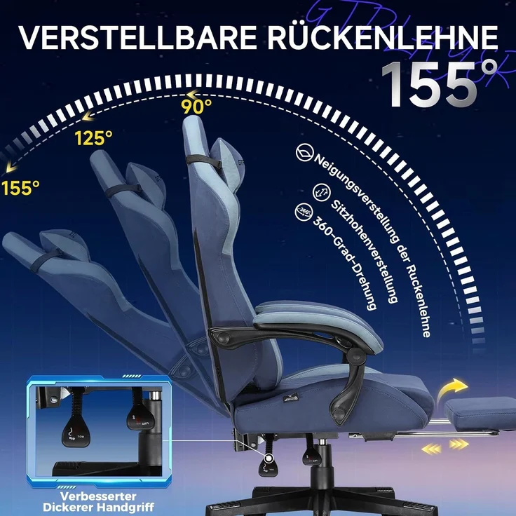 GTPLAYER Gaming-Stuhl Stoff Gaming Chair Ergonomisch Bürostuh PC Stuhl, 150kg Belastbarkeit, Schreibtischstuh mit Federsitzkissen und Fußstütze – Bild 5