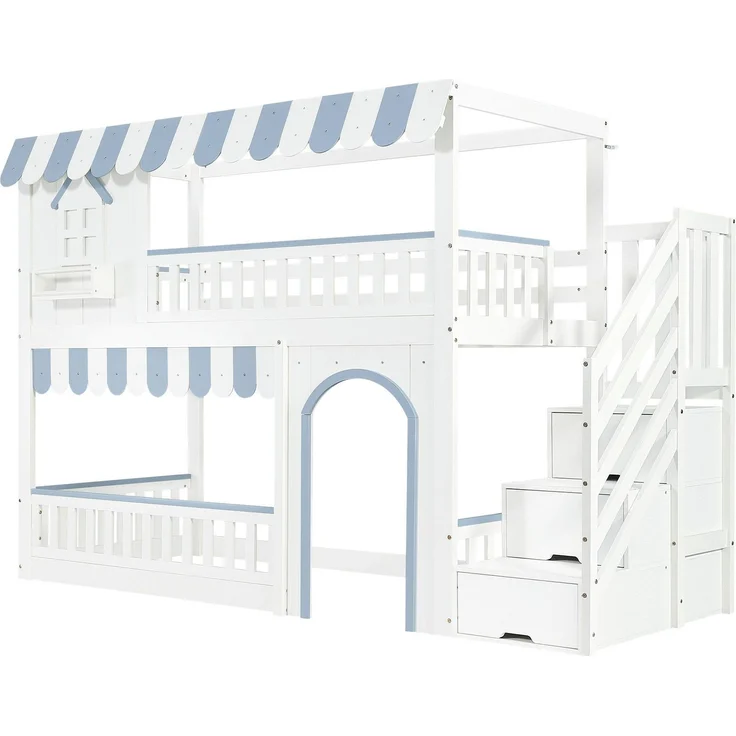 Etagenbett mit Regal, Schrank, Lattenrost, Tür und Treppe, 90x200cm, Kinderbett mit Rausfallschutz, Hochbett, Kiefer – Bild 7