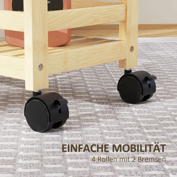 Küchenwagen aus Bambus, B 55 x T 20 x H 75 cm, 3 Ebenen mit Rollen und Griff – Bild 6
