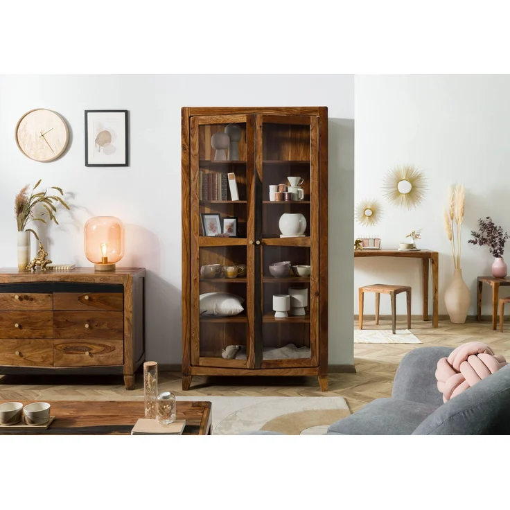 Vitrine Sheesham 100 x 45 x 195 dunkelbraun lackiert ANCONA #236 – Bild 9