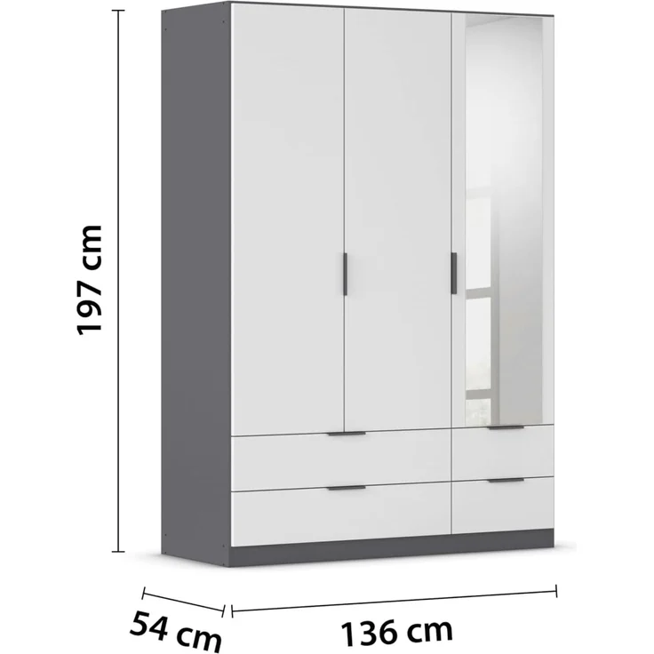 Rauch Möbel Lagoa, Kleiderschrank, Garderobe für Schlafzimmer, Kinderzimmer, Jugendzimmer 3-türig mit Spiegel, 4 Schubladen, mit Zubehör Basic, Farbe Weiß/Grau metallic, Schwarz, Breite 136 cm – Bild 3