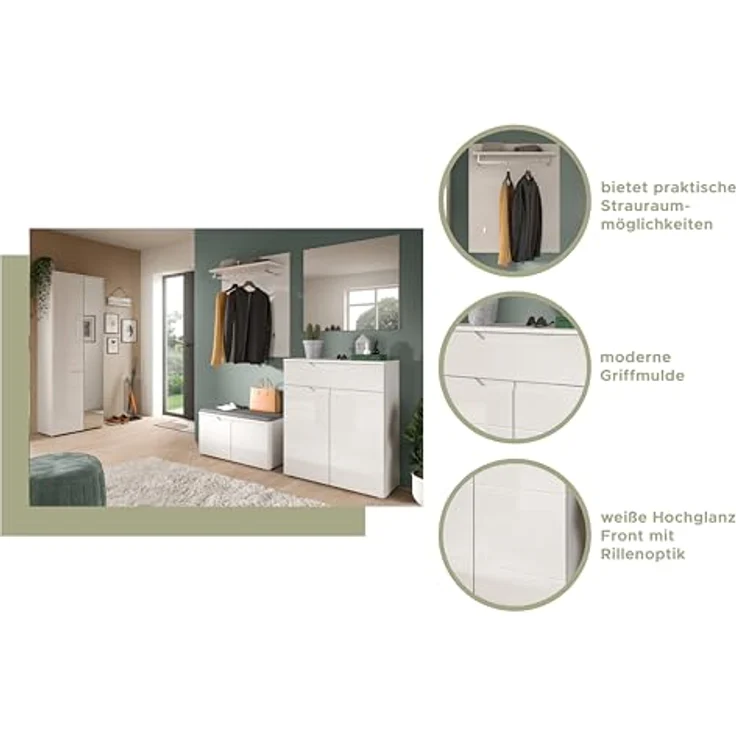 xonox. home Garderobe Solero X7WA9613 Garderobenschrank Flurschrank in Weiß Nachbildung und weiß Hochglanz tiefzieh, ca. B/H/T: 68 x 193 x 37 cm – Bild 9