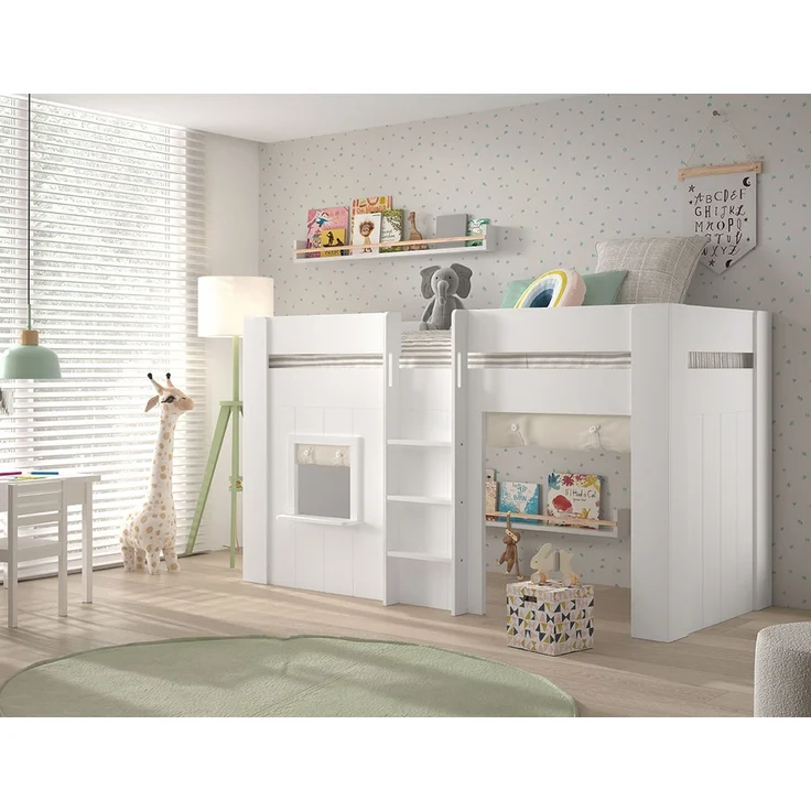 RENO Halbhohes Spielbett 90x200 inkl. Vorhangset MDF Creme-Weiß – Bild 2