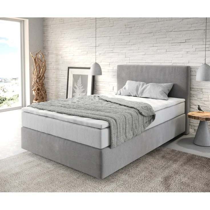 Boxspringbett Dream-Well 120x200 cm Mikrofaser Grau mit TFK Matratze und Visco Topper