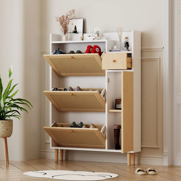 Merax Schmal Schuhschrank mit 3 Klappen, Rattan Schuhschrank Schuhkipper mit Schublade und Tür, Schuhkommode mit Verstellbarer Ablage, Weiß – Bild 1