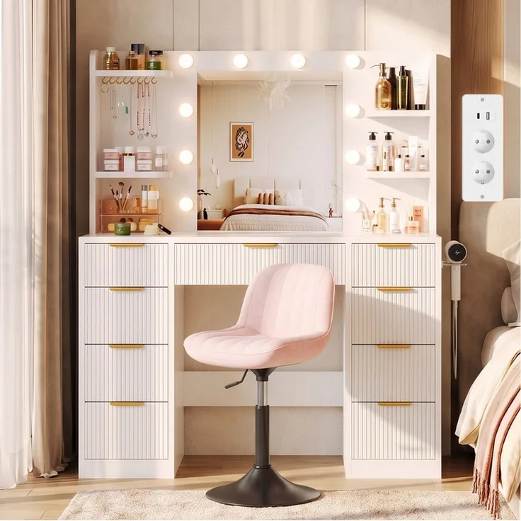 HOMALL Schminktisch LED-Beleuchtung, optional als Set mit Hocker erhältlich (Maße: 108 × 40 × 137 cm, 6 offene Ablagefächer, mit Schmuckhaken, 9 Schubladen, ausgestattet mit 1 USB-Anschluss, 1 Ladeanschluss, 2 Steckdosen und 1 Föhnanschluss, weiß-schwa...