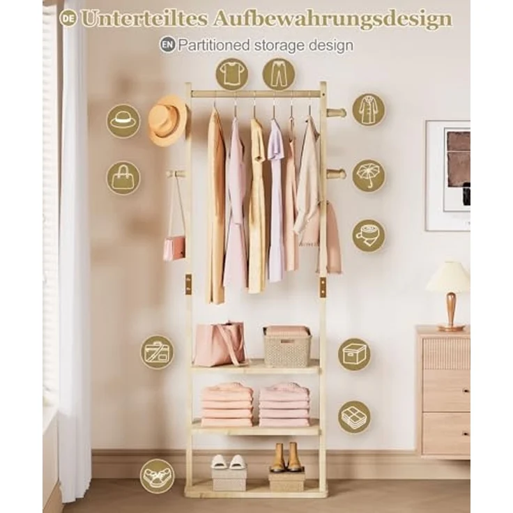 Yorbay Kleiderständer Garderobenständer aus Massivholz mit Ablagebrettern & Haken, Offener Kleiderschrank für Flur, Schlafzimmer – Bild 5