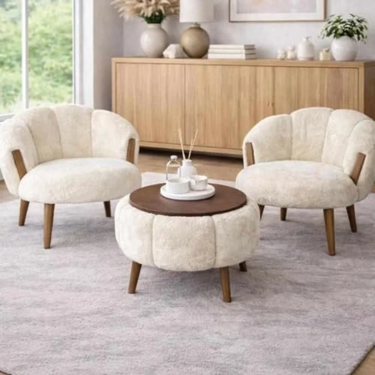 Hanah Home Elegantes 3-teiliges Ohrensessel- und Couchtisch-Set, Creme | 100% melaminbeschichteter, superweicher Stoff | Modernes Design – Bild 2