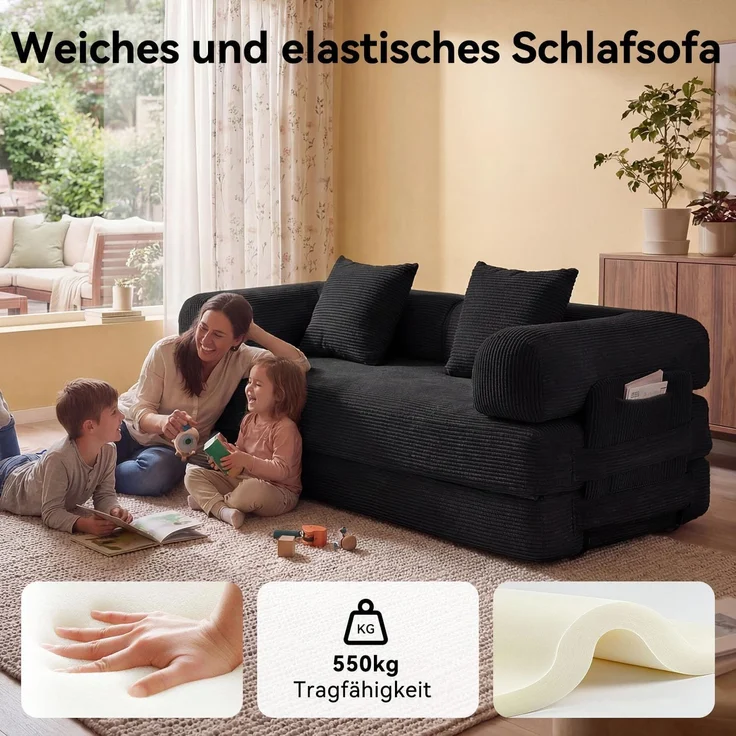 Aoxun Kordstoff Schlafsofa 200×97×70cm, 5-in-1 Umwandelbares Bodensofa, Hochdichter Schaumstoff, Haustierfreundlich, Keine Montage, Schwarz – Bild 6