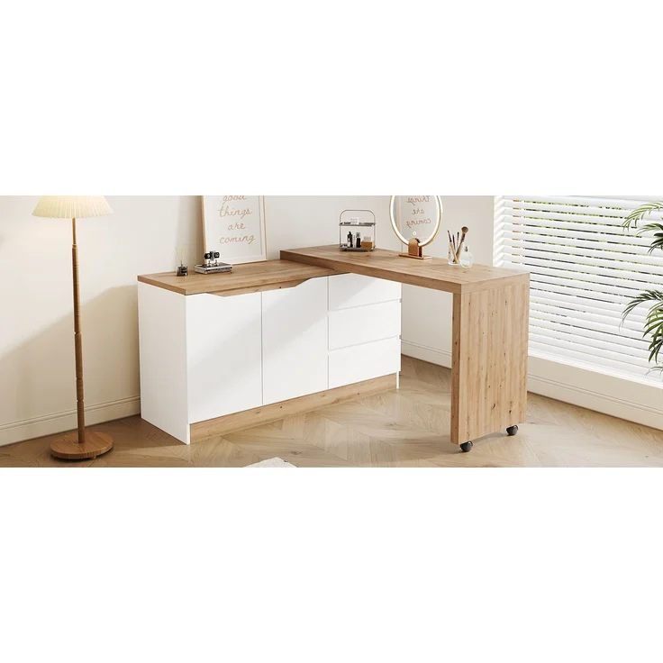 ZUBALIYA Schreibtisch mit feststellbaren Rollen – multifunktionales Design, 4 cm dickere, drehbare Tischplatte, fest arretierbar, weiß/Eiche, Faltbarer Schreibtisch, Eckschreibtisch, Sideboard,Dicke Materialie – Modell N880P4642134O – Bild 21