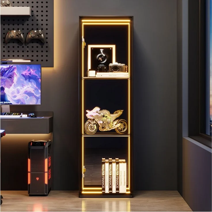Merax Glasvitrine mit LED Beleuchtung, Aufbewahrungsschrank (1-St, mit Aluminiumrahmen und 5 Ebenen) Hochschrank Vitrinen, H 160 cm – Bild 2