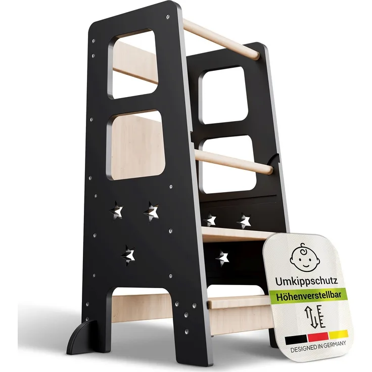 Juskys 'Henny' Lernturm - für Kinder ab 1 Jahr, Stehhilfe, 3-fach höhenverstellbar, Umkippschutz, Küchenhelfer, Schwarz