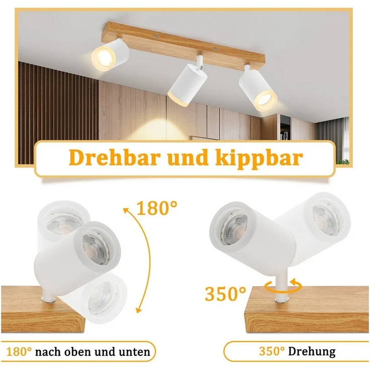 Nettlife Deckenstrahler Schwarz/Weiß GU10 Holz Vintage Deckenspots Küchenlampe, Schwenkbar, LED wechselbar, 350°Drehbar Flur Strahler Industrial für Wohnzimmer Schlafzimmer Küche – Bild 2