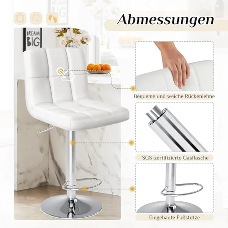 Sweetcrispy Barhocker 2er Set,PU-Leder Gepolsterter Barstuhl,Bistrohocker mit Lehne Fußstütze,360°Höhenverstellbar Drehbar Küchenhocker Designer Hocker,Tresenhocker für Bar,Weiß – Bild 6