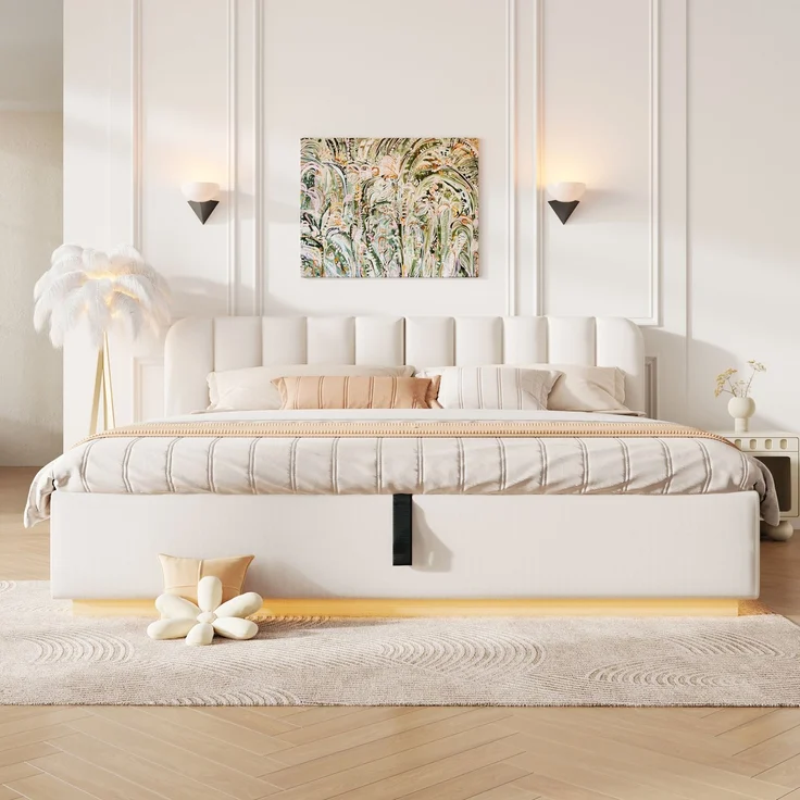 Polsterbett, Doppelbett, 180 x 200 cm, Bett mit Lattenrost, Kopfteil, Gepolstertes Kopfteil, Hydraulische Lagerung, Mit LED-Lichtleiste, Ohne Matratze, Beige Chenille – Bild 4