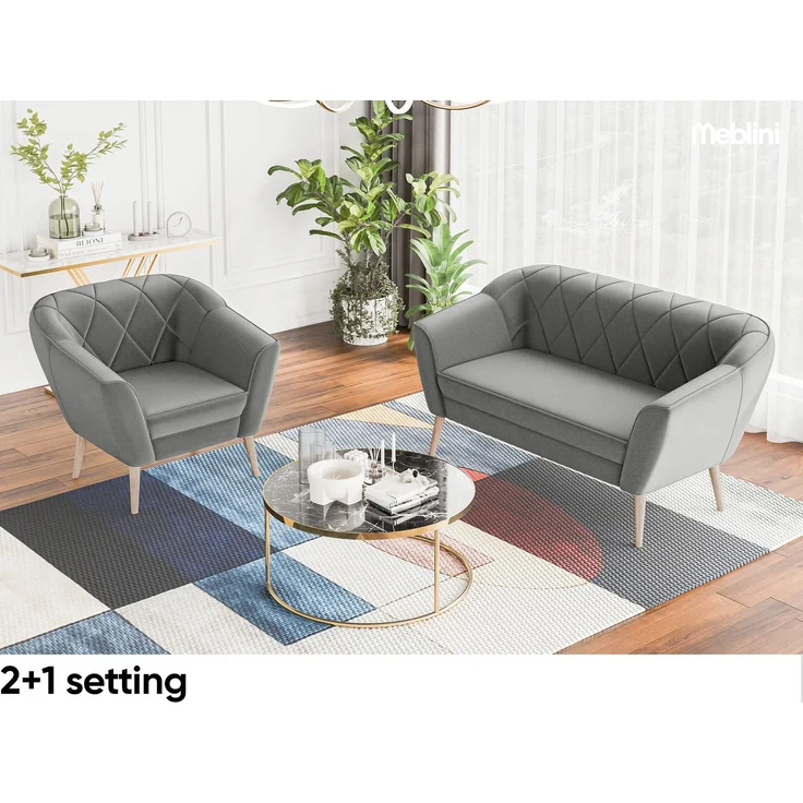 MEBLINI Mini Sofa 2-Sitzer für Wohnzimmer - Mini Lounge für zwei Personen - Küchensofa - Sofa Klein - GISELA - 2 - Hellgrau Samt – Bild 3