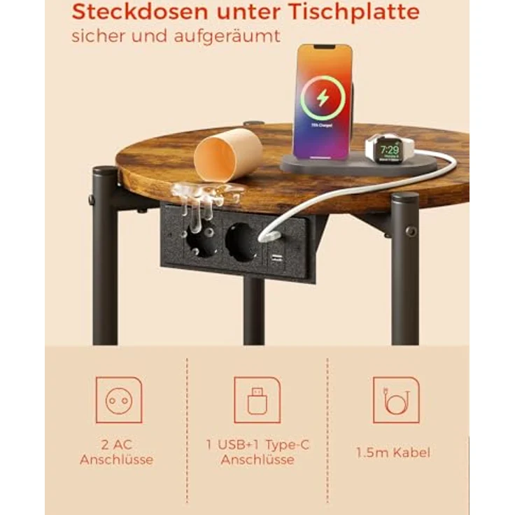 IRONCK Beistelltisch rund, Couchtisch mit Steckdose, Kleiner Tisch Holz, Wohnzimmertisch 2 Ablagen,Sofatisch,USB & Type-C-Anschluss, Metallrahmen, Nachttisch für Schlafzimmer (Vintagebraun, 2 Stücke) – Bild 4