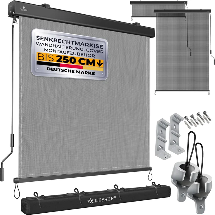 KESSER® Senkrechtmarkise Außenrollo Handkurbelmechanismus Balkonrollo Sonnen-und Sichtschutz, Beschattung Sonnenschutz Außen Rollo mit Kurbel Markisenkasten, Balkon und Terrasse 200x250 cm, Transparent / Anthrazit
