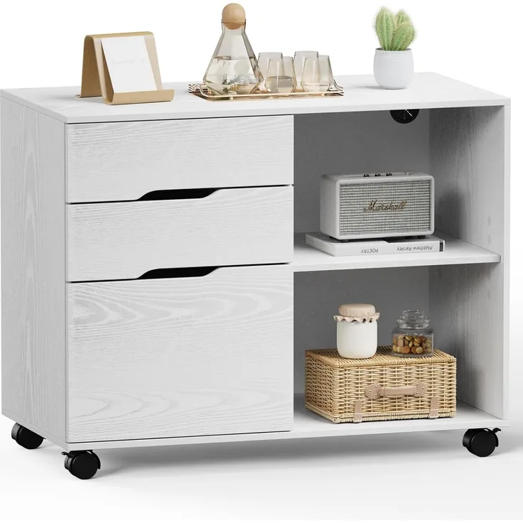 DUMOS Rollcontainer – Aufbewahrung Aktenschrank mit 3 Schubladen und 2 Offenen Fächern, Büroschubladen Büroschrank, Schreibtisch Unterschrank, Geeignet für Schlafzimmer, Büro (Weiß)